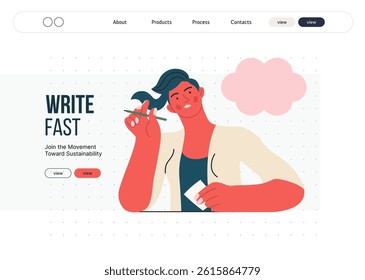 Writing people, modern flat vector concept illustration- sitting woman thoughtfully writing on paper, bubble near head Metaphor for reflection, personal insight, contemplation, creative expression