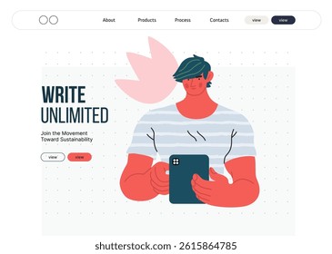 Writing people, modern flat vector concept illustration- standing man thoughtfully writing on tablet, bubble near head Metaphor for reflection, personal insight, contemplation, creative expression