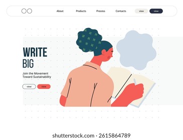 Writing people, modern flat vector concept illustration- sitting woman thoughtfully writing on notebook, bubble near head Metaphor for reflection, personal insight, contemplation, creative expression