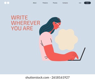 Writing people, modern flat vector concept illustration- sitting woman thoughtfully writing on laptop, bubble near head Metaphor for reflection, personal insight, contemplation, creative expression