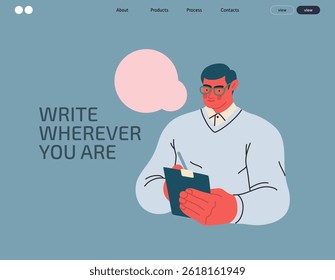 Writing people, modern flat vector concept illustration- standing man thoughtfully writing on clipboard, bubble near head Metaphor for reflection, personal insight, contemplation, creative expression
