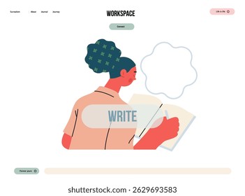 Escrevendo pessoas, conceito moderno vetor plano ilustração - mulher sentada cuidadosamente escrevendo no caderno, bolha perto da cabeça Metáfora para reflexão, percepção pessoal, contemplação, expressão criativa