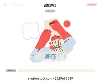 Writing people, modern flat vector concept illustration- sitting woman thoughtfully writing on paper, bubble near head, top view. Metaphor for reflection, insight, contemplation, creative expression