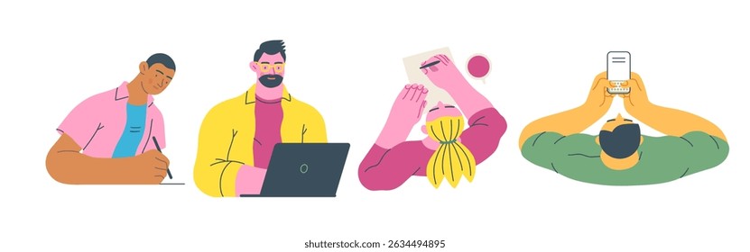 Writing people, modern flat vector concept illustrations set people writing on paper or device. Metaphor for reflection, insight, contemplation, creative expression