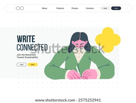 Writing people, modern flat vector concept illustration- sitting woman thoughtfully writing on paper, bubble near head Metaphor for reflection, personal insight, contemplation, creative expression