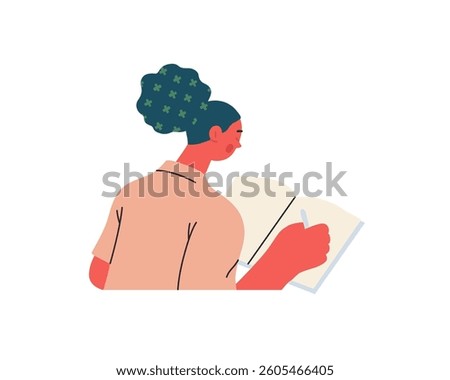 Writing people, modern flat vector concept illustration- sitting woman thoughtfully writing on notebook. Metaphor for reflection, personal insight, contemplation, creative expression