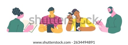 Writing people, modern flat vector concept illustrations set people writing on paper or device. Metaphor for reflection, insight, contemplation, creative expression