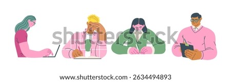 Writing people, modern flat vector concept illustrations set people writing on paper or device. Metaphor for reflection, insight, contemplation, creative expression