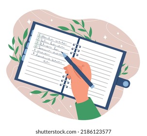 Writing in planner. Planning and goal setting, hardworking and motivated worker. Motivation and leadership, scheduling and time management. Human make notes. Cartoon flat vector illustration