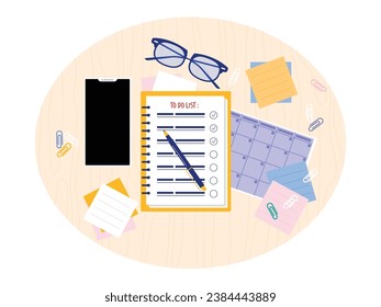 Writing plans to achieve goals for yourself, preparing stationery with other equipment, desk top view vector illustration.