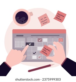 Writing plans on sticky memo notes, making schedule in paper planner, notebook. Hands with pen and personal timetable, reminders in organizer. Workplace desk, top view. flat vector illustration