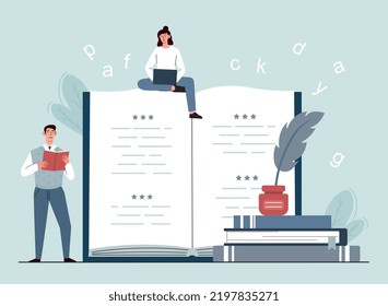 Writing poetry concept. Men and women next to big book and pen ink. Creativity and art, authors of works. Literature and education. Poster or banner for website. Cartoon flat vector illustration