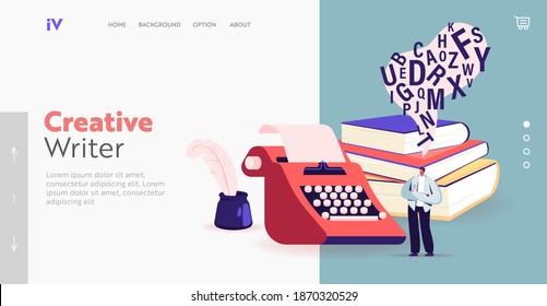 Writing Poetry or Novel Landing Page Template. Tiny Male Character Writer or Professional Author Stand at Huge Typewriter, Inkwell and Books Pile Create Composition. Cartoon People Vector Illustration