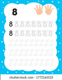 Writing practice 8 for printing a sheet for preschool. Hands that show eight fingers.