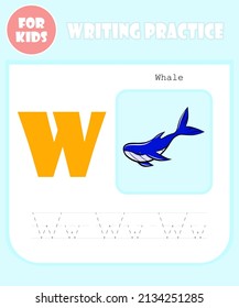 Writing practice book page, vector alphabet cartoon template, education for kids, preschool learning concept, doodle W letter typographic sign shape isolated icon, elementary school quiz for children.