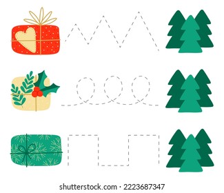 Writing practice for children. draw lines. Worksheet. Cristmas presents. Task, puzzle for a child. Testing, IQ. Children's education. Game form of education. Worksheet for printing. Preparation 