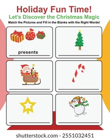 Writing practice with Christmas theme. Exercise for children to recognize pictures. Worksheet for learning English. Educational activity for children. 