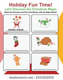 Writing practice with Christmas theme. Exercise for children to recognize pictures. Worksheet for learning English. Educational activity for children. 