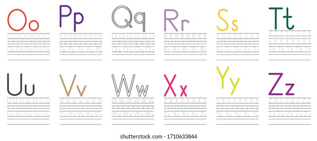 Writing practice of English letters from O to Z. Education for children. Vector illustration