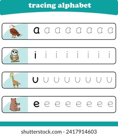 Writing practice for kindgarten kids. Alphabet tracing worksheet with wildlife animals. Vector illustration