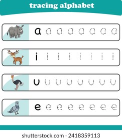 Writing practice for kindgarten kids. Alphabet tracing worksheet with wildlife animals. Vector illustration