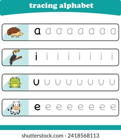 Writing practice for kindgarten kids. Alphabet tracing worksheet with wildlife animals. Vector illustration