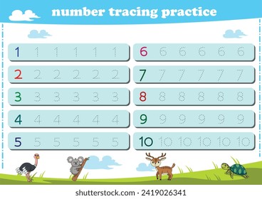Writing practice for kindgarten kids. Number tracing worksheet with wildlife animals. Vector illustration