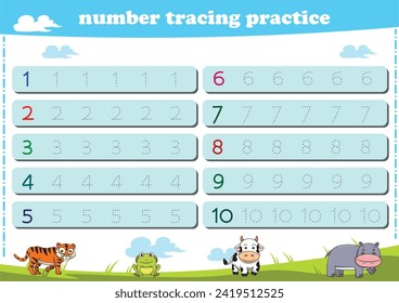 Writing practice for kindgarten kids. Number tracing worksheet with wildlife animals. Vector illustration