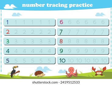 Writing practice for kindgarten kids. Number tracing worksheet with wildlife animals. Vector illustration