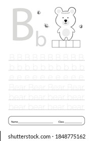 Writing practice letter B printable worksheet for preschool.Exercises for little children.Vector illustration.