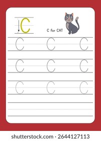 Writing Practice Letter C | C FOR CAT – Printable Worksheet for Preschool and Kindergarten Kids | Dotted Alphabets for Tracing and Handwriting Skills