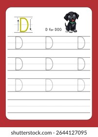 Letra de práctica de escritura D | D PARA PERRO – Hoja de trabajo imprimible para preescolar y jardín de infantes | Alfabetos punteados para habilidades de rastreo y escritura a mano