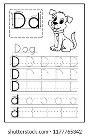 Writing practice letter D printable worksheet for preschool or kindergarten kids to improve basic writing skills. Funny cartoon dog, illustration for coloring