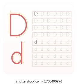 Writing practice letter D printable, kindergarten kids to improve basic writing skills,
