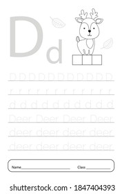 Schreiben von Übungsschreiben D druckbare Arbeitsblatt für Vorschulen.Übungen für kleine Kinder.Vektorgrafik.
