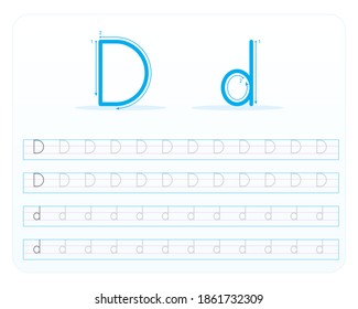 Writing practice letter D printable, kindergarten kids to improve basic writing skills, 