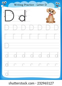 Writing practice letter D  printable worksheet for preschool / kindergarten kids to improve basic writing skills 