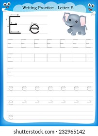 Writing practice letter E  printable worksheet for preschool / kindergarten kids to improve basic writing skills 