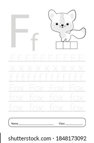 Writing practice letter F printable worksheet for preschool.Exercises for little children.Vector illustration.