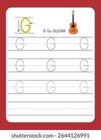 Escrevendo a Letra de Prática G | G PARA GUITARRA - Planilha imprimível para crianças pré-escolares e do jardim de infância | Alfabetos pontilhados para habilidades de rastreamento e manuscrito