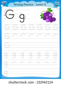 Writing practice letter G  printable worksheet for preschool / kindergarten kids to improve basic writing skills 