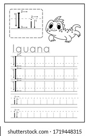 Writing practice letter I, printable worksheet for preschool or kindergarten kids to improve basic writing skills. Funny cartoon iguana, illustration for coloring