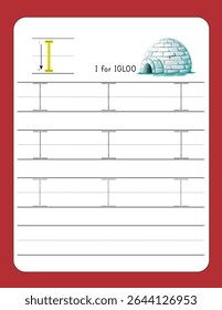 Escrevendo a carta prática I | I PARA IGLOO - Planilha imprimível para crianças de pré-escola e jardim de infância | Alfabetos pontilhados para habilidades de rastreamento e manuscrito