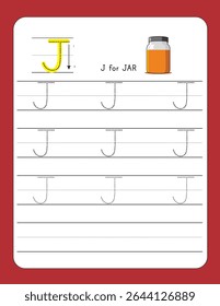 Writing Practice Letter J | J FOR JAR – Printable Worksheet for Preschool and Kindergarten Kids | Dotted Alphabets for Tracing and Handwriting Skills