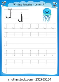 Writing practice letter J  printable worksheet for preschool / kindergarten kids to improve basic writing skills 