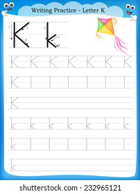 Writing practice letter K  printable worksheet with clip art for preschool / kindergarten kids to improve basic writing skills 