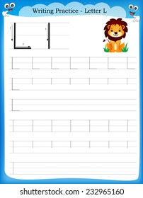 Writing practice letter L printable worksheet with clip art for preschool / kindergarten kids to improve basic writing skills 