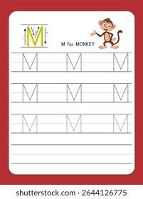 Letra de práctica de escritura M | M FOR MONKEY – Hoja de trabajo imprimible para preescolar y jardín de infantes | Alfabetos punteados para habilidades de rastreo y escritura a mano