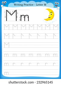 Writing practice letter M printable worksheet with clip art for preschool / kindergarten kids to improve basic writing skills 