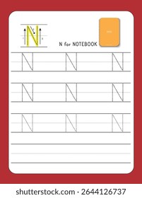 Writing Practice Letter N | N FOR NOTEBOOK – Printable Worksheet for Preschool and Kindergarten Kids | Dotted Alphabets for Tracing and Handwriting Skills